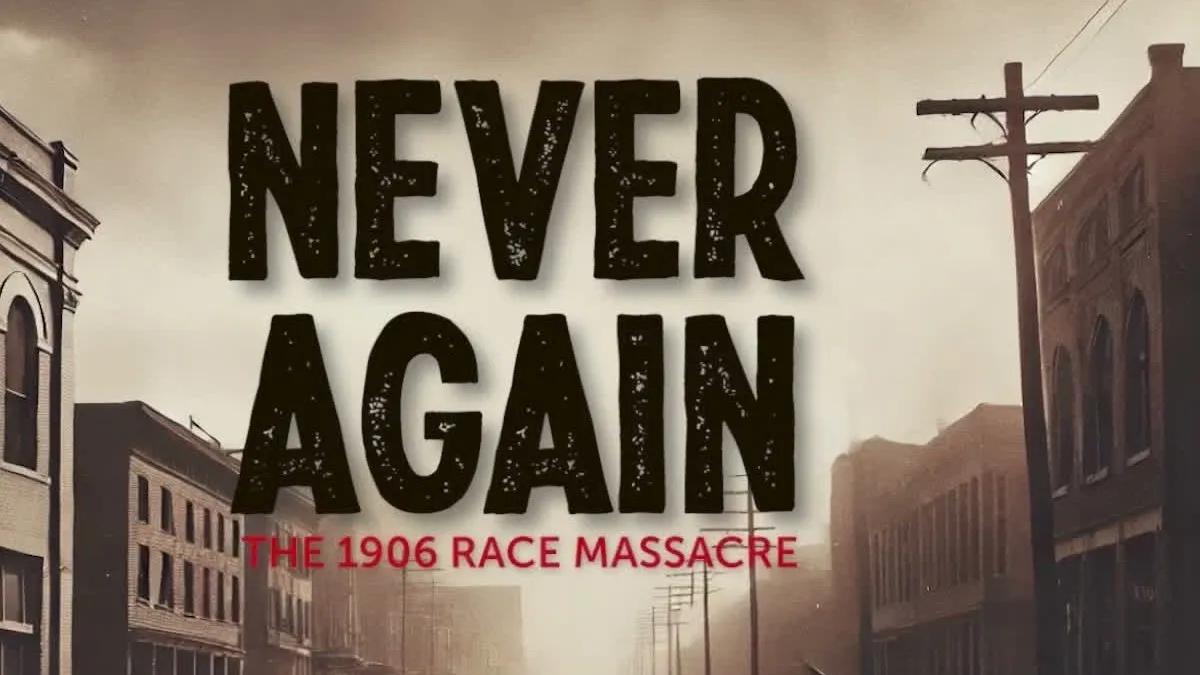 Key art for Never Again: the film's title between two rows of brick storefronts, under a smoke-filled sky.